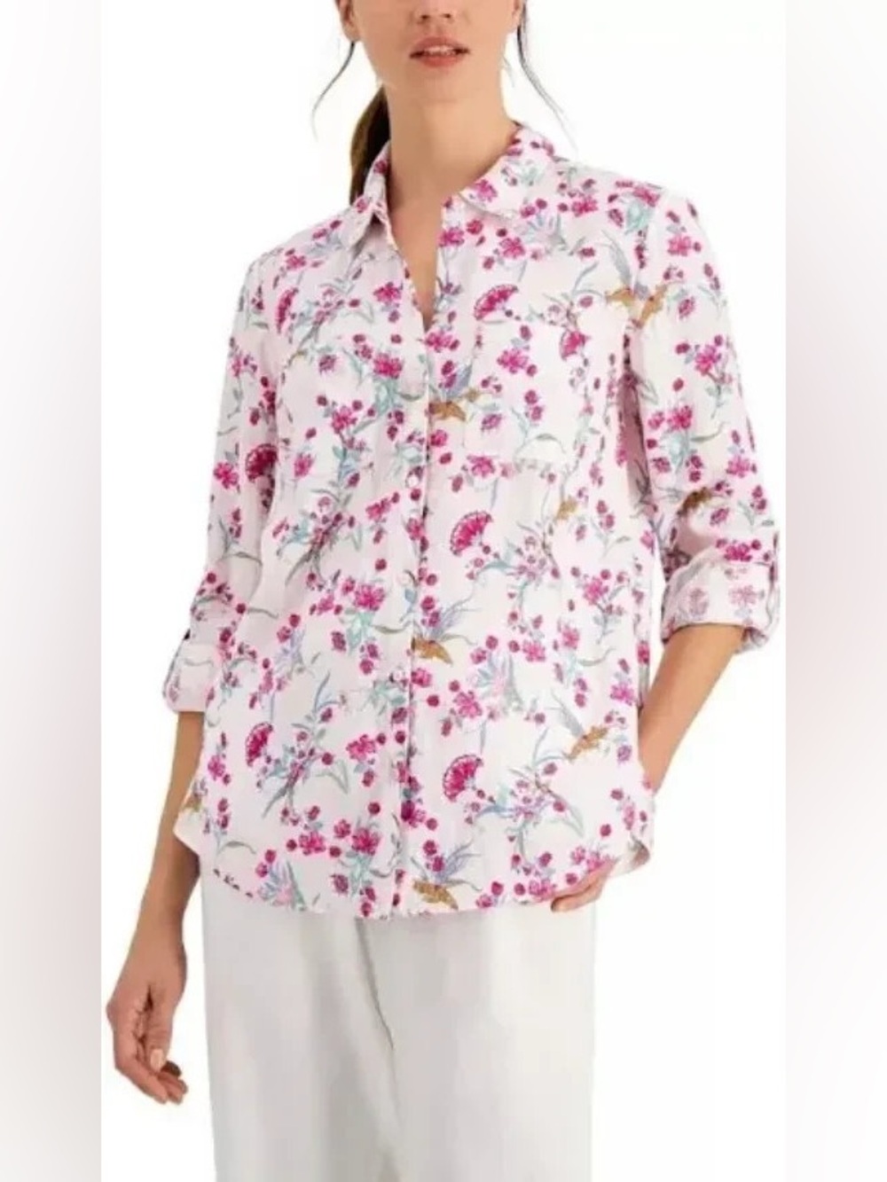 Charter Club Luxury Linen Womens Floral Button-Down Shirt - Pink White XL
